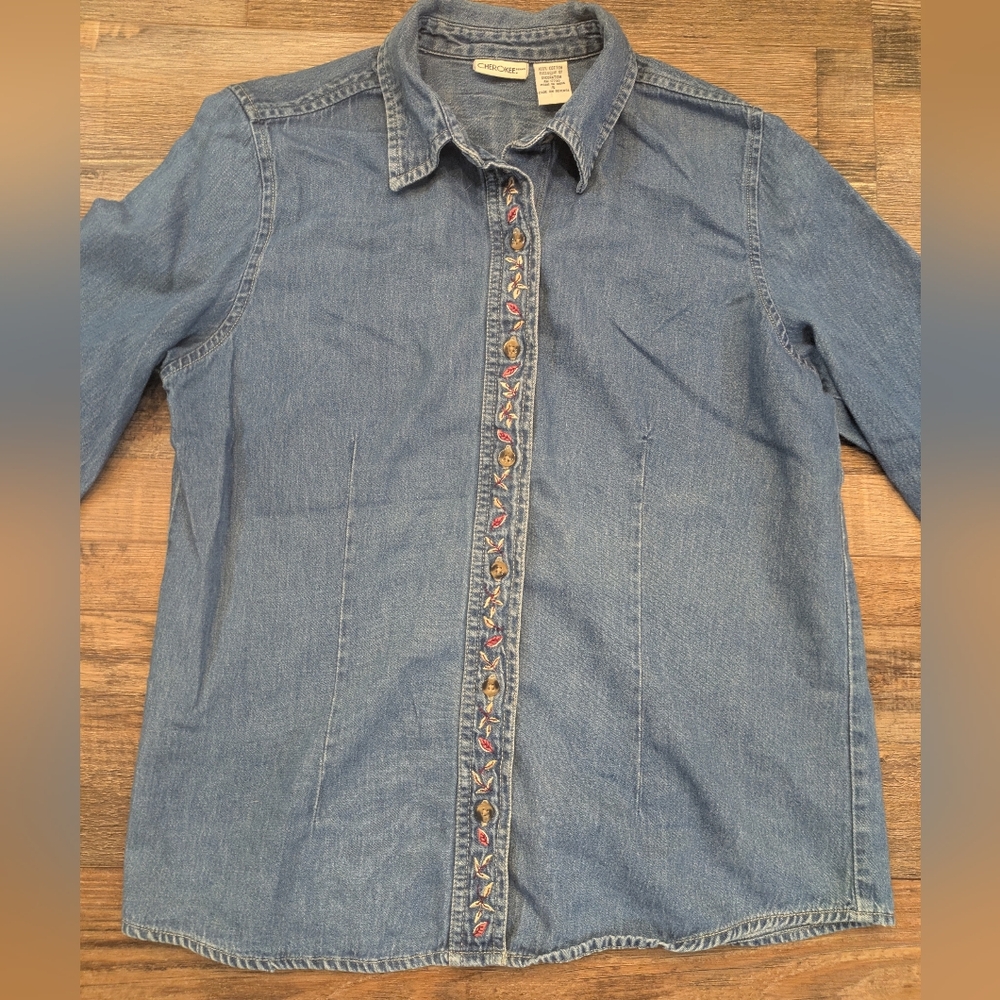 Vintage Cherokee Fall Leaves Embroidery Denim Button Down Chambray Shirt Size S
